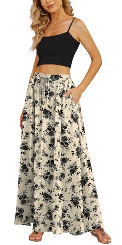 Yincro Women's Flowy Maxi Skirt Summer Pleated High Waisted Casual Long Skirts with Pockets (Black Flower Light Beige, XL)