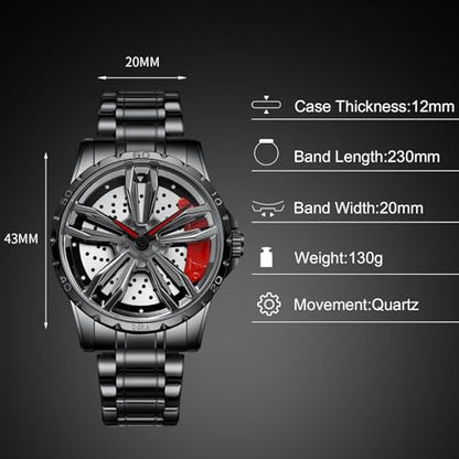 RORIOS Car Hub Design Watch Men’s Analogue Quartz Watches 3ATM Waterproof Wrist Watch Fashion Cool Watch for Men with Stainless Steel Strap