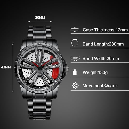 RORIOS Car Hub Design Watch Men’s Analogue Quartz Watches 3ATM Waterproof Wrist Watch Fashion Cool Watch for Men with Stainless Steel Strap