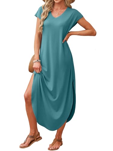 RUMIA Summer Casual Maxi Dresses for Women- Women's V Neck Cap Sleeve Long Sundress with Pockets Beach Vacation Turquoise