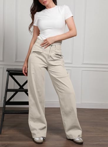 Dokotoo Khaki Women's Pants High Waisted Cargo Pants Women Baggy Jeans for Women Straight Wide Leg 2026 Spring Outfits Fashion Clothes Casual Trendy Pocket Teen Girls Trousers Stretch Denim
