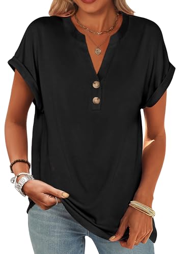 ANRABESS Womens Short Sleeve Henley Tops V Neck Dressy Casual Blouses Summer Trendy Tee Shirts 2026 Vacation Fashion Clothes Black XL
