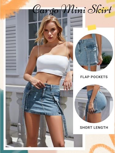 LOLILRSD Women Cargo Skirt Denim Mini Low Waist Y2K Jean Skirts with Pockets(LB,XL)