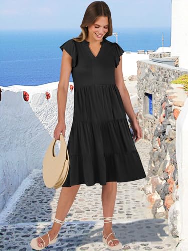 ANRABESS Womens Summer Dress Ruffle Sleeve V Neck Midi Dresses Fashion Casual Fit Flowy Tiered Boho Beach Vacation Sundress Black-M