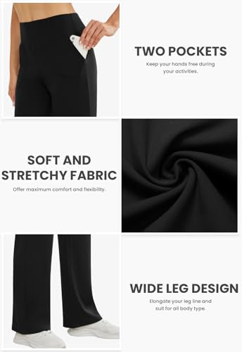 COPYLEAF Wide Leg Pants Woman High Waist Yoga Pants with Pockets Loose Stretch Dress Work Sweatpants Casual Lounge(Black L)
