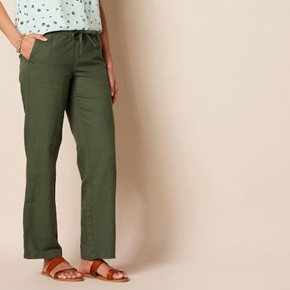 Amazon Essentials Women's Pull On Linen Blend Drawstring Relaxed Fit Wide Leg Pant, Dark Olive, Medium
