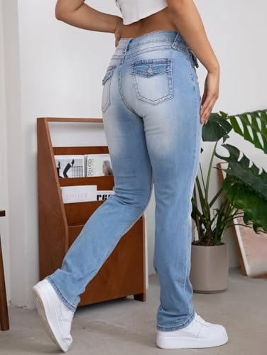 Flamingals Bootcut Jeans for Women Stretchy Mid Rise Double Button Wash Solid 90s Straight Leg Jeans Light Blue M