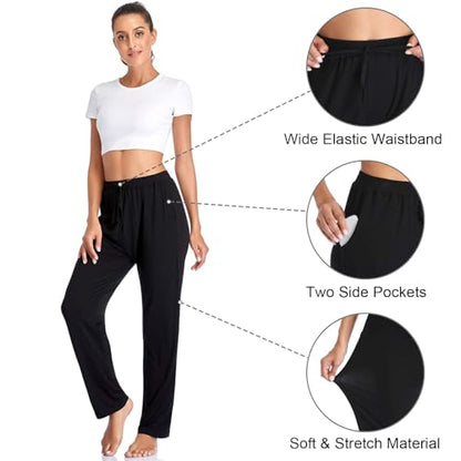 Envlon Women's Yoga Pants with Pockets Comfy Stretch Loose Wide Leg Casual Pants Breathable Running Workout Lounge Pants (Dark Grey, Large)