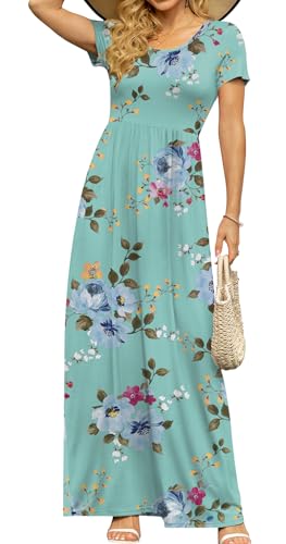 DB MOON Womens 2026 Casual Summer Maxi Dresses Short Sleeve Empire Waist Spring Long Dress with Pockets(Mint Green Floral, M)
