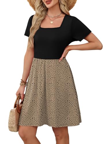 OFEEFAN Casual Dresses for Women 2026 Square Neck Leopard Print Dress Summer Dresses Short Sleeve T Shirt Sundress Elegant Classy Business Casual Teacher Outfits with Pockets L
