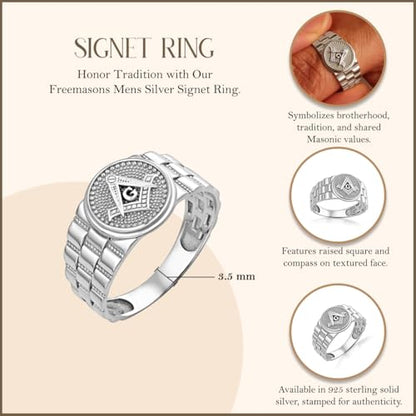 Claddagh Gold Men's .925 Sterling Silver 3.5mm Freemason Square & Compass Signet Ring (Size 6.5)