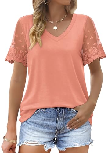 OFEEFAN Womens Spring Fashion 2025 T Shirt Dressy Casual Cute Top Basic Tee Shirts Cozy Coral L