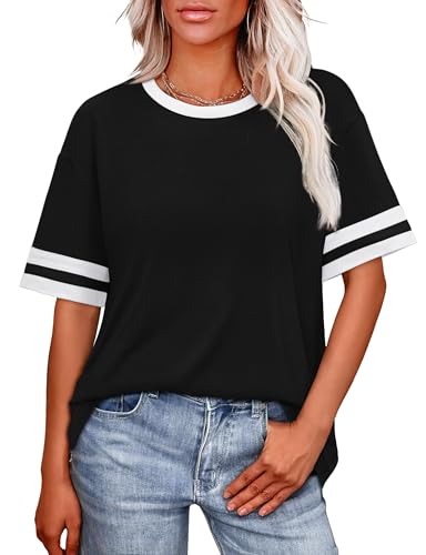 WIHOLL Womens Tops Plus Size Fashion Color Block Short Sleeve Black Summer Fashion Oversized T Shirts Resort Wear for Women Spring Tops Plus Size Clothes for Women 2026 2XL