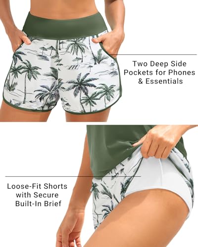 Daci Green Palm Tree Women 3 Piece Tankini Swimsuits - Tummy Control Tank Top with Bra Modest Bathing Suit with Pockets Boyshorts Bottom 2026 L