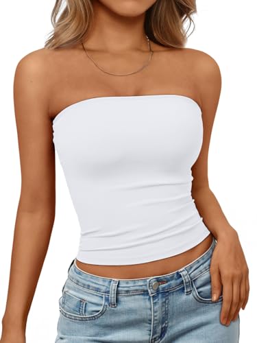 Trendy Queen Womens Strapless Tube Tops Basic Backless Sleeveless Bandeau Going Out Crop Tops Cute 2026 Summer Clothes White M