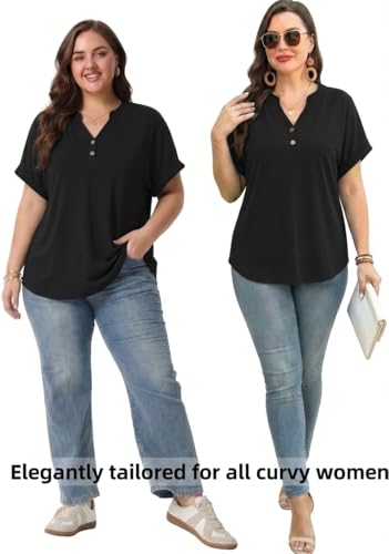 OLRIK Women Plus Size Summer Tops Trendy Button Down V Neck Loose Fit Shirts Short Sleeve Blouses Business Casual Loose Tunics Black-3X