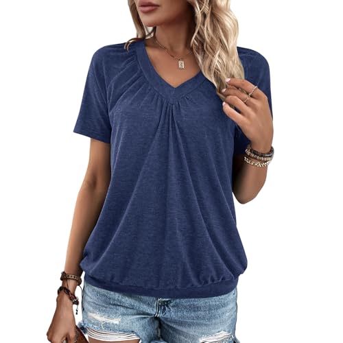 2 Pack Summer Tops for Women V Neck Shorts Sleeve Casual Ruched Tops Women T Shirts Clothes Trendy 2026