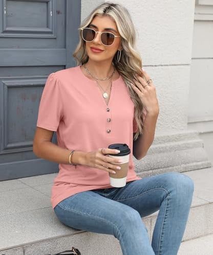 XMTOPYE Summer Outfits for Women 2026 Beach Fasion Short Sleeve Shirts Henley Neck T-shirts Dressy Casual Womens Blouses Coral Pink