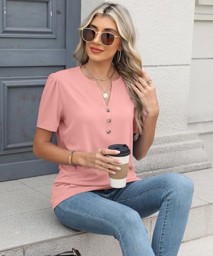 XMTOPYE Summer Outfits for Women 2026 Beach Fasion Short Sleeve Shirts Henley Neck T-shirts Dressy Casual Womens Blouses Coral Pink