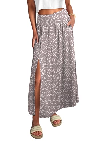 ANRABESS Women's Maxi Skirts, Soft Flowy Boho Floral, Long Casual Side Slit Skirt, Perfect for Beach, Vacation & Summer Gray Khaki Polka Dot Medium