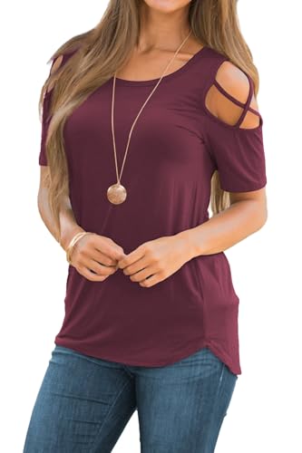 Jar of Love Women's Short Sleeve Cold Shoulder T Shirts Criss Cross Spring Summer Loose Fit Tops Going Out Tops Lady Casual Dressy Shirts 2026,M,Burgundy