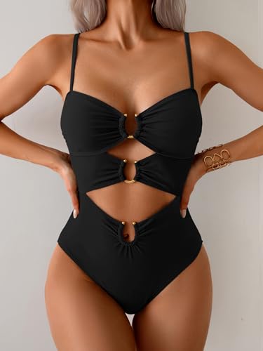 Eomenie Womens Cutout One Piece Swimsuit with Ring Linked Sexy Monokini Bathing Suit for Beach Vacation Black