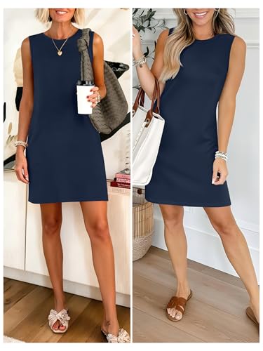 ANRABESS Womens Summer Casual Mini Dresses 2026 Sleeveless Crewneck Split Wrinkle-Free Beach Travel Vacation Short Sundress Navy Blue Medium