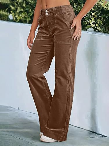 Flamingals Women's Wide Leg Pants for Women Mid Waist Dress Flare Straight Leg Corduroy Pants Workout Jeans Trendy Coffee L