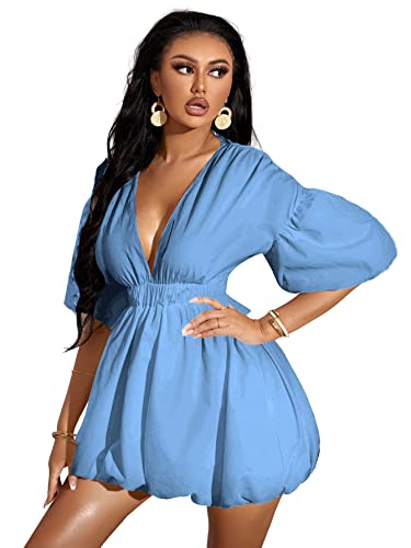 Sabrina Carpenter Yellow Dress - Women's Deep V Neck Puff Sleeve High Rise Flare Dress Elastic Waist Dress Blue Solid