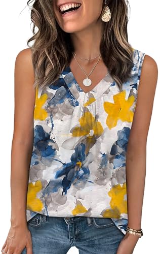 OFEEFAN Summer Outfits for Women Fashion Clothing Tank Tops Loose Fit Workout Sleeveless Tops Patterned-Flower L