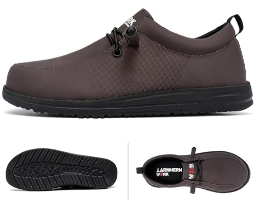 LARNMERN Slip On Steel Toe Shoes Men Loafers Waterproof Work Safety Lightweight Comfortable Walking Sneakers(10 Men, Dark Brown)
