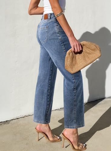 Sidefeel Women's Wide Leg Jeans High Waisted Stretchy Jeans Straight Leg Zimbaplatinum Ankle Denim Pants with Slant Pockets Blue Size 12