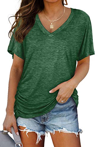 WIHOLL Womens Summer Tops Dolman Short Sleeve V Neck T Shirts Spring Tops Business Casual Outfits Vacation Loose Fit Tshirts Fashion Clothing Solid Color Green L