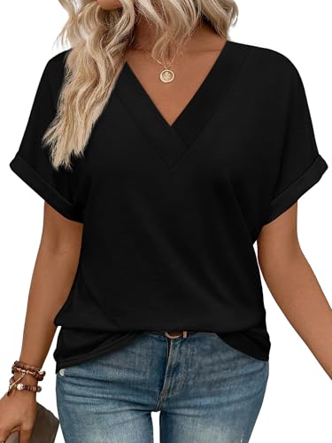 WIHOLL Plus Size Spring Clothes for Women 2026 Summer Blouses Trendy Clothing Short Sleeve Shirts V Neck Tops Black 3XL