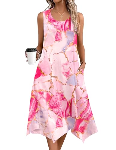 Zeagoo Dresses for Women Sundress with Pocket Knee Length Dress Floral Beach Dress O Neck Summer Sleeveless Tank Midi Dress Casual Swing Aline Loose Tshirt Dress