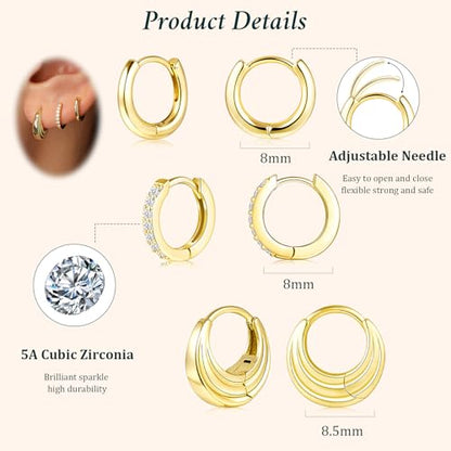 Poxtex Small 14K Gold Plated Huggie Hoop Earrings Set for Women, Hypoallergenic Trendy Hoops Stacks for Multiple Piercings, Dainty Cute Mini Lightweight Cartilage Helix Jewelry Gift Sensitive Ears