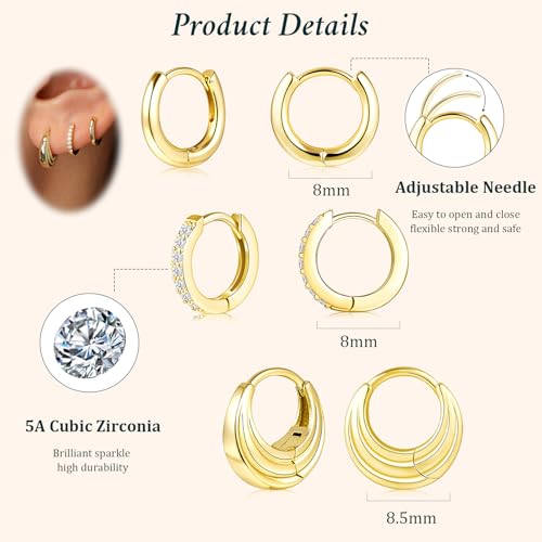 Poxtex Small 14K Gold Plated Huggie Hoop Earrings Set for Women, Hypoallergenic Trendy Hoops Stacks for Multiple Piercings, Dainty Cute Mini Lightweight Cartilage Helix Jewelry Gift Sensitive Ears