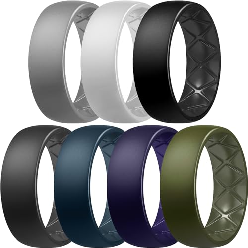 Egnaro Men's Silicone Rings 8mm Wide 2.5mm Thick, Multipack Ergonomic Rubber Wedding Bands For Him, Breathable Grooves For Workout