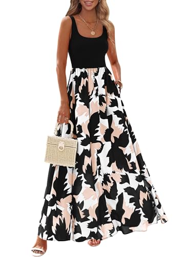 KIRUNDO Women Summer Sleeveless Boho Floral Maxi Dress 2026 Scoop Neck Tank A Line Flowy Beach Vacation Resort Wear Sundress(Black, Large)