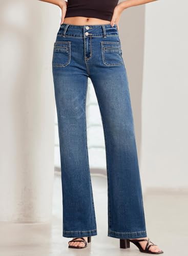 Sidefeel Women's Jeans Wide Leg High Waisted Straight Leg Fall Outfit Stretchy Denim Pants Blue Size 8