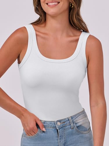 ANRABESS Womens Sleeveless Scoop Neck Tank Top Ribbed Fitted Summer Basic Slim Cute Tops 2026 White Medium