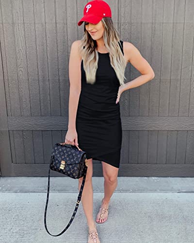 BTFBM Women Summer Dresses 2026 Sleeveless Tank Ruched Bodycon Sundresses for Women Party Beach Mini Casual Spring Dress(Black, Medium)