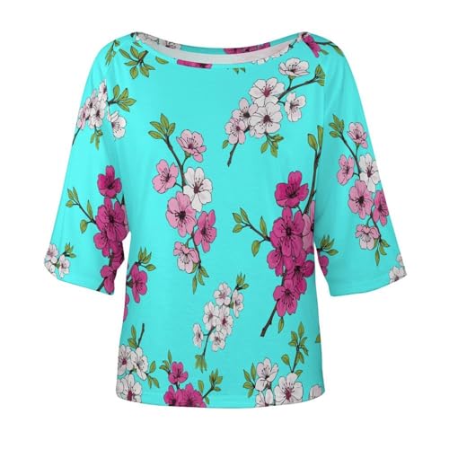 Off Shoulder Mid Sleeve Top Flowy Soft Women's Shirt Daily Wear Fashion Spring Blossom Cherry Peach Flower Pattern 3XL