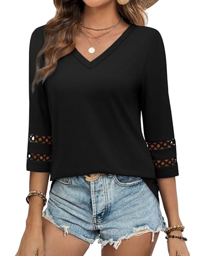 Blouses for Women Dressy Casual 3/4 Length Sleeve Womens Tops V Neck Tshirts Summer Beach Vacation Clothes Fashion Black L