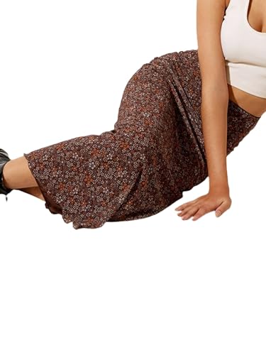 Avanova Women's Ditsy Floral High Waisted Skirts Lettuce Trim Summer Fall Boho Midi Skirt A Brown Medium