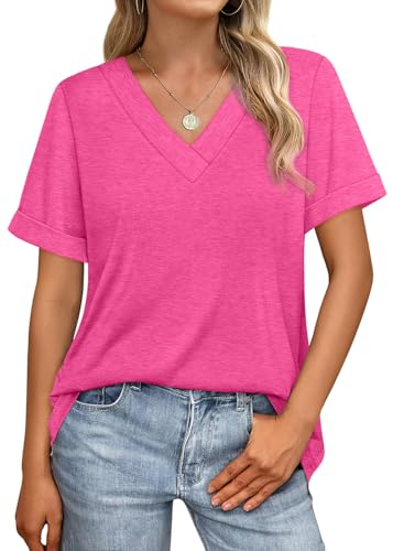 WIHOLL Summer Tops for Women Dressy Casual Short Sleeve Shirts V Neck Loose Fit Basic Cute Tops for Women Trendy Vacation Outfits Hot Pink XL