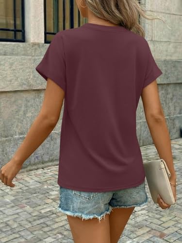 AUTOMET Womens Spring Tops 2026 Short Sleeve Shirts Henley Dressy Casual Blouses V Neck Fashion Tunics Trendy Flowy Clothing Burgundy XL