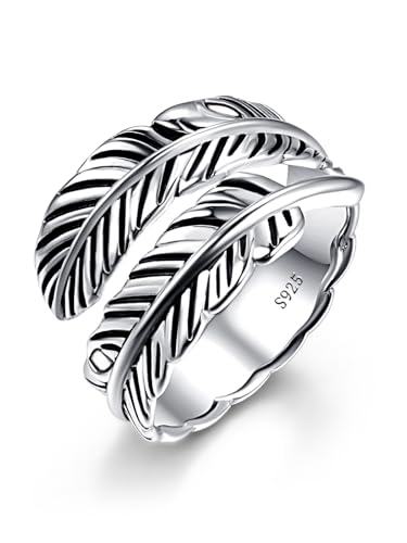 AVECON 925 Sterling Silver Ring Adjustable Feather Ring Stacking Ring Vintage Statement Ring for Women & Men