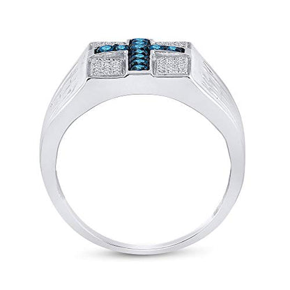 Jewels By Lux Sterling Silver Men's Round Blue Color Enhanced Diamond Cross Religious Ring 1/2 Cttw, Men's Size: 10.25