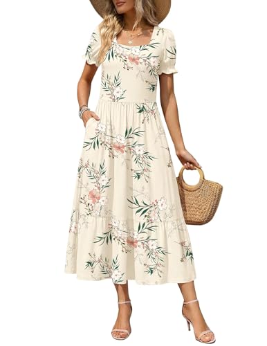 Zeagoo Casual Dress Summer Aline Dresses Short Sleeve Midi Sundresses Womens T-Shirt Dresses Square Neck Floral Vacation Dress with Pockets L